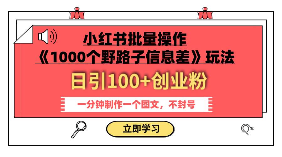 小红书批量操作《1000个野路子信息差》玩法 日引100 创业粉 一分钟一个图文-知一项目网