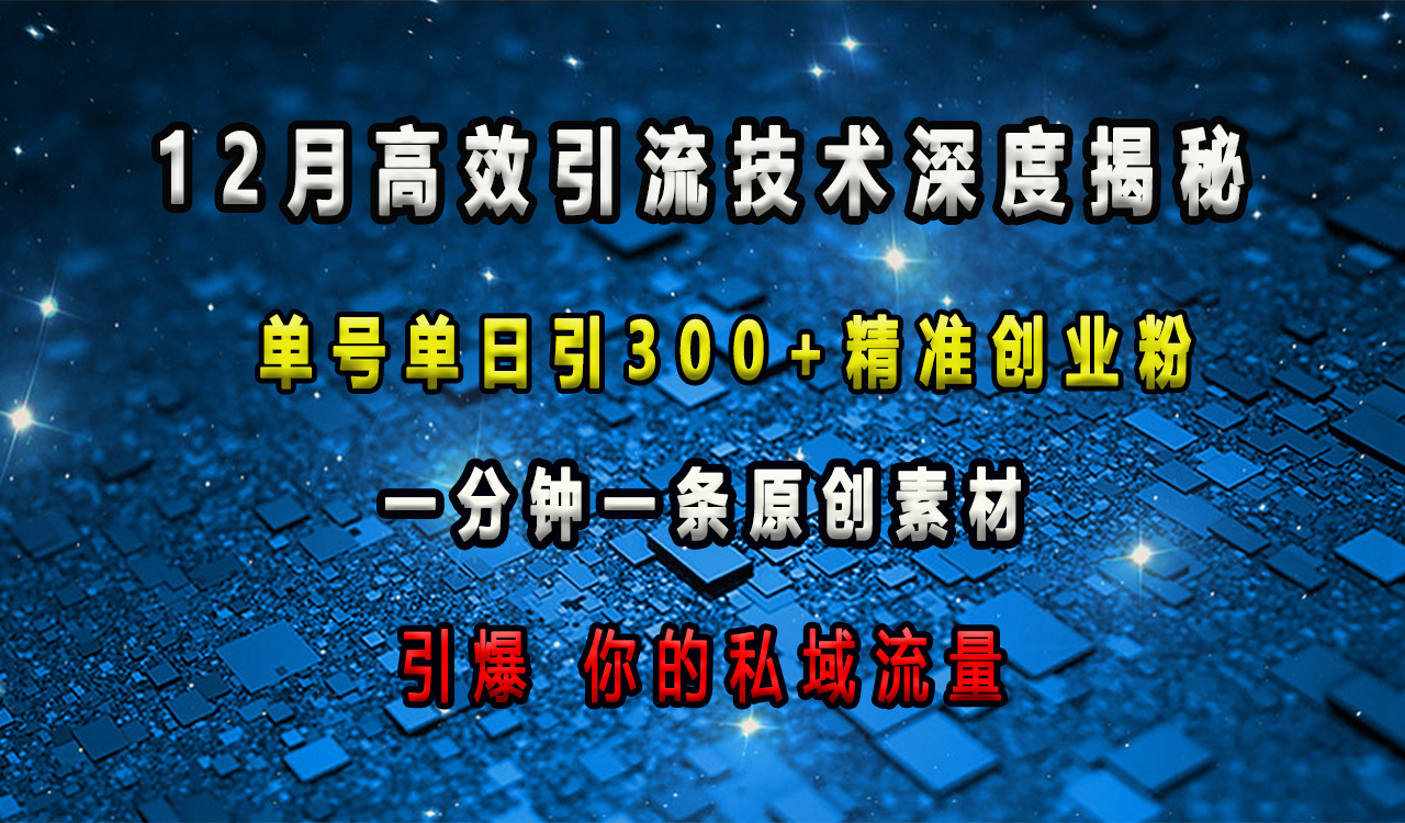 12月高效引流技术深度揭秘 ，单号单日引300+精准创业粉，一分钟一条原创素材，引爆你的私域流量-知一项目网